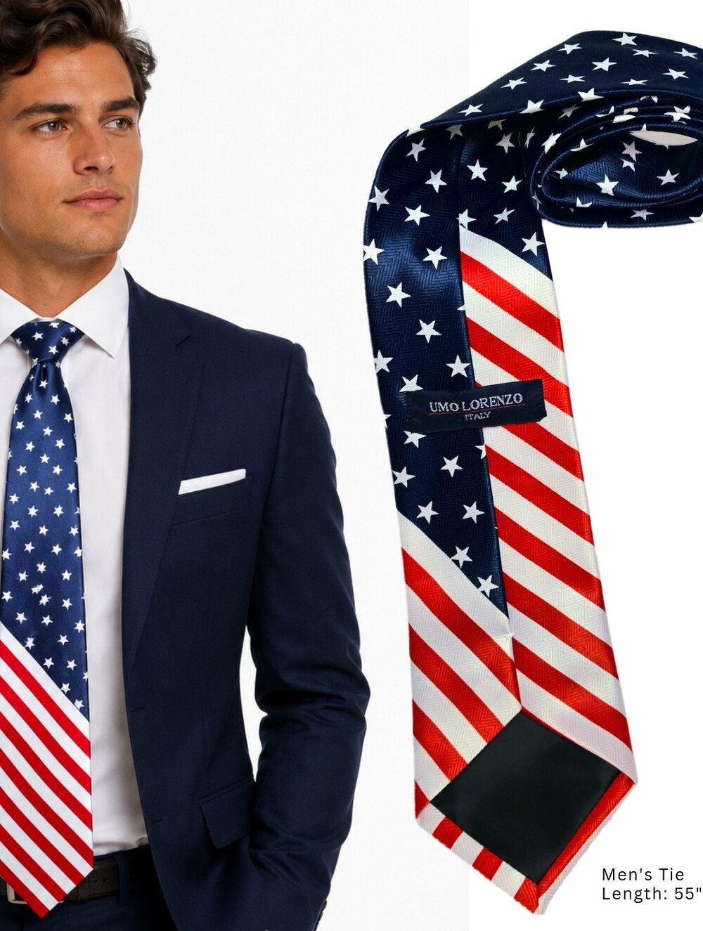 Umo Lorenzo American Flag Tie USA Stars Stripes Patriotic Red White Blue Necktie